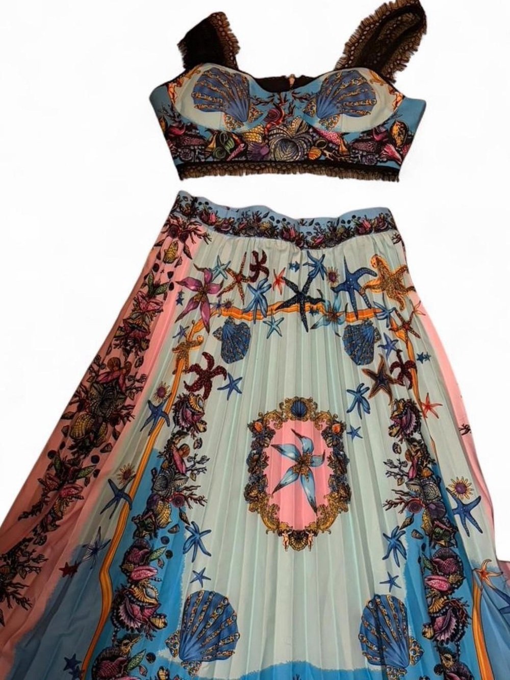 Womens Printed Pleated two piece ocean themed outfit- Blue & Pink